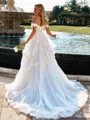 Modest A-line Off-the-Shoulder Appliques Lace Court Train Tulle Corset Wedding Dress