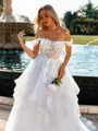 Modest A-line Off-the-Shoulder Appliques Lace Court Train Tulle Corset Wedding Dress