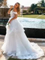 Modest A-line Off-the-Shoulder Appliques Lace Court Train Tulle Corset Wedding Dress