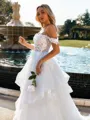 Modest A-line Off-the-Shoulder Appliques Lace Court Train Tulle Corset Wedding Dress
