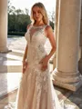 Stylish Sheath Scoop Appliques Lace Court Train Tulle Wedding Dress