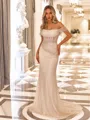 Beautiful Sheath Off-the-Shoulder Pleated Cathedral Train Corset Convertible Wedding Dress