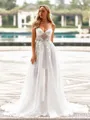 Balanced A-line Sweetheart Appliques Lace Sweep Train Tulle Wedding Dress