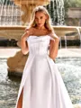 Refined A-line Off-the-Shoulder Pleated Chapel Train Satin Corset Wedding Dress