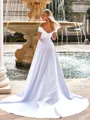 Refined A-line Off-the-Shoulder Pleated Chapel Train Satin Corset Wedding Dress