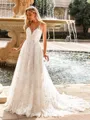 Timeless A-line V-Neck Appliques Lace Chapel Train Tulle Wedding Dress