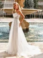 Dreamy A-line Spaghetti Straps Appliques Lace Sweep Train Tulle Wedding Dress