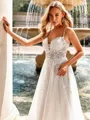 Dreamy A-line Spaghetti Straps Appliques Lace Sweep Train Tulle Wedding Dress