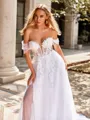 Perfect A-line Off-the-Shoulder Appliques Lace Chapel Train Tulle Corset Wedding Dress