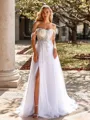 Glam A-line Off-the-Shoulder Appliques Lace Court Train Tulle Corset Wedding Dress