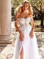 Glam A-line Off-the-Shoulder Appliques Lace Court Train Tulle Corset Wedding Dress