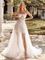 Unique A-line Square Appliques Lace Court Train Tulle Corset Wedding Dress