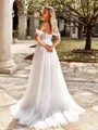Pretty A-line Off-the-Shoulder Appliques Lace Court Train Tulle Corset Wedding Dress