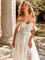 Pretty A-line Off-the-Shoulder Appliques Lace Court Train Tulle Corset Wedding Dress