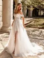 Pretty A-line Off-the-Shoulder Appliques Lace Court Train Tulle Corset Wedding Dress