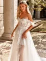 Pretty A-line Off-the-Shoulder Appliques Lace Court Train Tulle Corset Wedding Dress