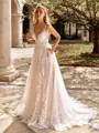 Charming A-line Scoop Appliques Lace Sweep Train Tulle Wedding Dress