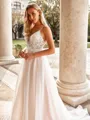 Graceful A-line V-Neck Appliques Lace Court Train Organza Wedding Dress