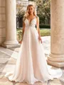 Graceful A-line V-Neck Appliques Lace Court Train Organza Wedding Dress