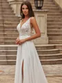 Fashion A-Line/Princess Chiffon Lace V-Neck Sleeveless Sweep/Brush Train Wedding Dresses