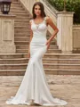 Glam Sheath/Column Stretch Crepe Lace Straps Sleeveless Court Train Wedding Dresses