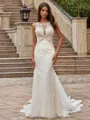 Charming Sheath/Column Stretch Crepe Lace Scoop Sleeveless Court Train Wedding Dresses