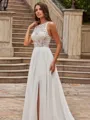 Hot A-Line/Princess Chiffon Lace Scoop Sleeveless Sweep/Brush Train Wedding Dresses