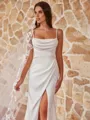 Opulent Sheath/Column Stretch Crepe Ruched Spaghetti Straps Sleeveless Sweep/Brush Train Wedding Dresses