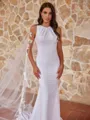 Exquisite Sheath/Column Stretch Crepe Ruched Scoop Sleeveless Sweep/Brush Train Wedding Dresses