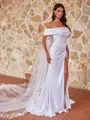 Splendid Sheath/Column Charmeuse Ruched Off-the-Shoulder Sleeveless Sweep/Brush Train Wedding Dresses
