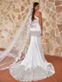 Graceful Sheath/Column Silk like Satin Ruched Spaghetti Straps Sleeveless Court Train Wedding Dresses
