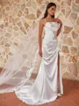 Graceful Sheath/Column Silk like Satin Ruched Spaghetti Straps Sleeveless Court Train Wedding Dresses