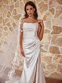 Graceful Sheath/Column Silk like Satin Ruched Spaghetti Straps Sleeveless Court Train Wedding Dresses