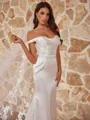 Grand Sheath/Column Silk like Satin Ruched Off-the-Shoulder Sleeveless Sweep/Brush Train Wedding Dresses