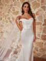 Grand Sheath/Column Silk like Satin Ruched Off-the-Shoulder Sleeveless Sweep/Brush Train Wedding Dresses