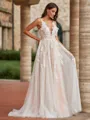 Gorgeous A-Line/Princess Tulle Applique Scoop Sleeveless Sweep/Brush Train Wedding Dresses