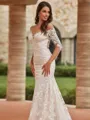 Show-stopping Sheath/Column Lace Off-the-Shoulder Long Sleeves Court Train Wedding Dresses