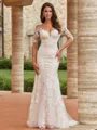 Show-stopping Sheath/Column Lace Off-the-Shoulder Long Sleeves Court Train Wedding Dresses