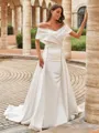 Unforgettable Sheath/Column Satin Ruched Off-the-Shoulder Sleeveless Chapel Train Wedding Dresses