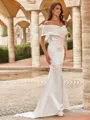 Unforgettable Sheath/Column Satin Ruched Off-the-Shoulder Sleeveless Chapel Train Wedding Dresses