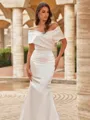 Unforgettable Sheath/Column Satin Ruched Off-the-Shoulder Sleeveless Chapel Train Wedding Dresses