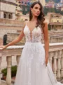 Unique A-Line/Princess Tulle Applique V-Neck Sleeveless Court Train Wedding Dresses