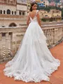 Stunning Ball Gown Tulle Applique V-Neck Sleeveless Chapel Train Wedding Dresses