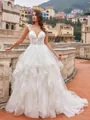 Stunning Ball Gown Tulle Applique V-Neck Sleeveless Chapel Train Wedding Dresses