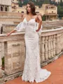 Show-stopping Sheath/Column Lace V-Neck Short Sleeves Sweep/Brush Train Wedding Dresses