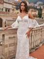 Show-stopping Sheath/Column Lace V-Neck Short Sleeves Sweep/Brush Train Wedding Dresses