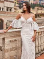 Show-stopping Sheath/Column Lace V-Neck Short Sleeves Sweep/Brush Train Wedding Dresses