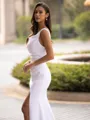 Sophisticated Sheath/Column Stretch Crepe Ruched Straps Sleeveless Sweep/Brush Train Wedding Dress
