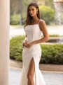 Stylish Sheath/Column Stretch Crepe Ruched Spaghetti Straps Sleeveless Sweep/Brush Train Wedding Dress