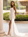 Stylish Sheath/Column Stretch Crepe Ruched Spaghetti Straps Sleeveless Sweep/Brush Train Wedding Dress
